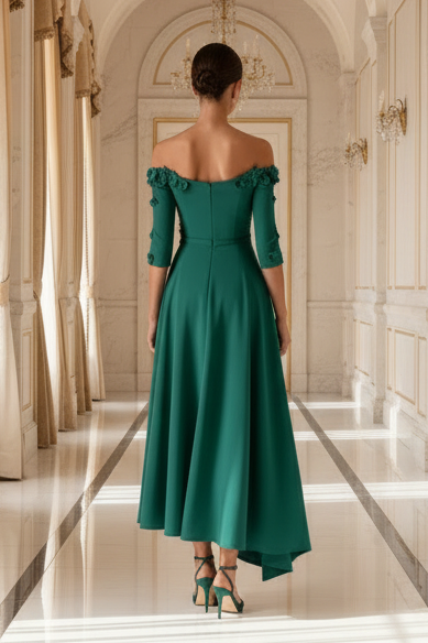 Vestido de corte A hasta la rodilla sin hombros con flores 3D
