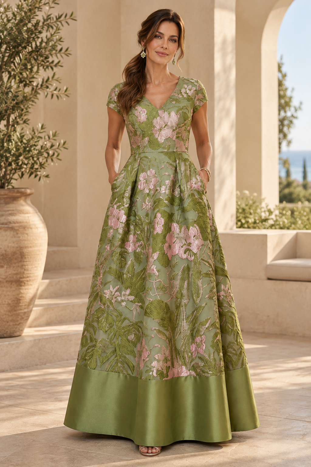 Floral Jacquard A-Line Gown with Cap Sleeves & Pockets