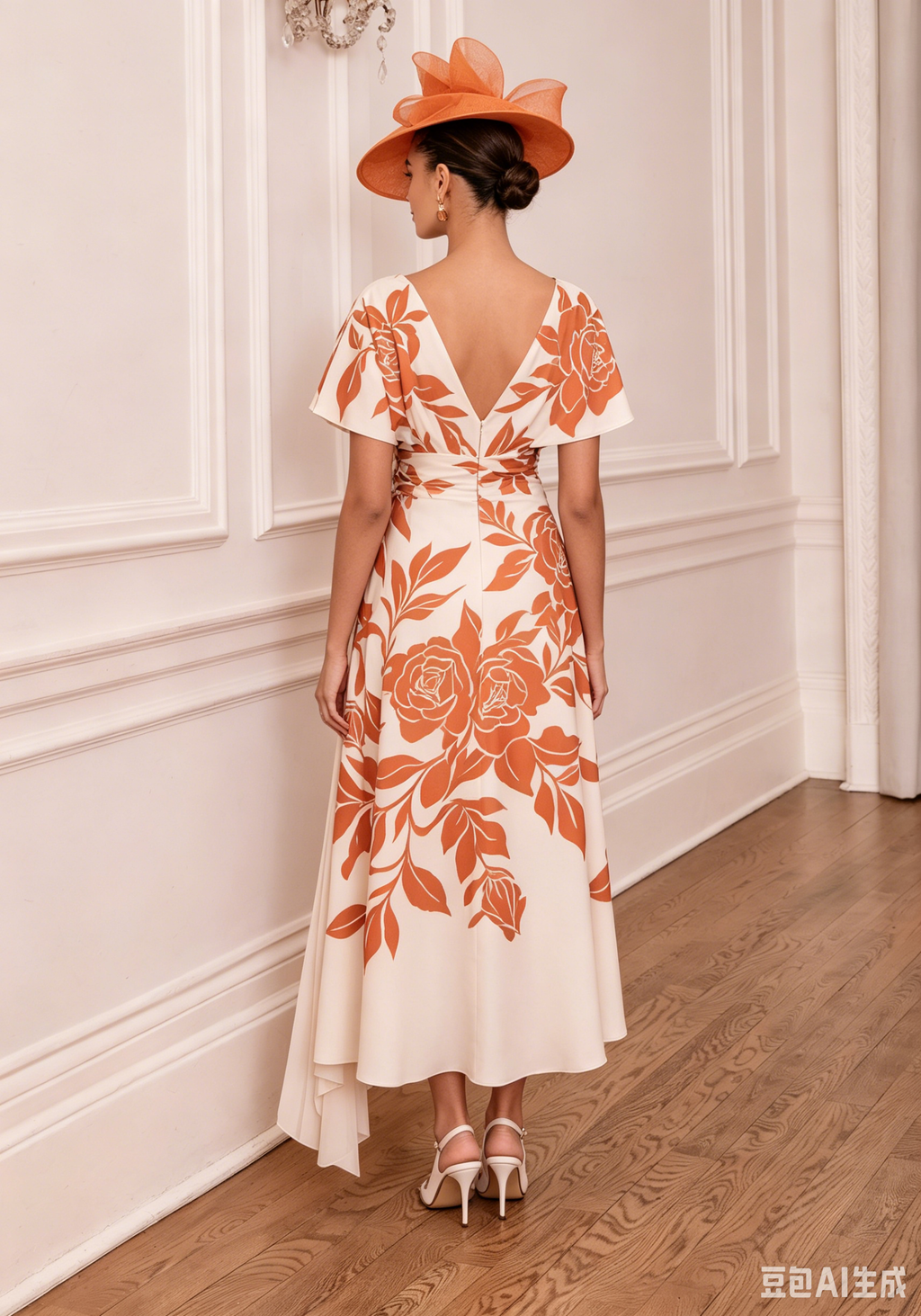 Vestido Midi Asimétrico con Cuello Barco y Estampado Floral