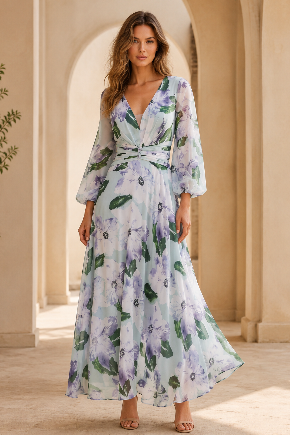 Vestido largo con estampado floral, cuello en V y manga larga