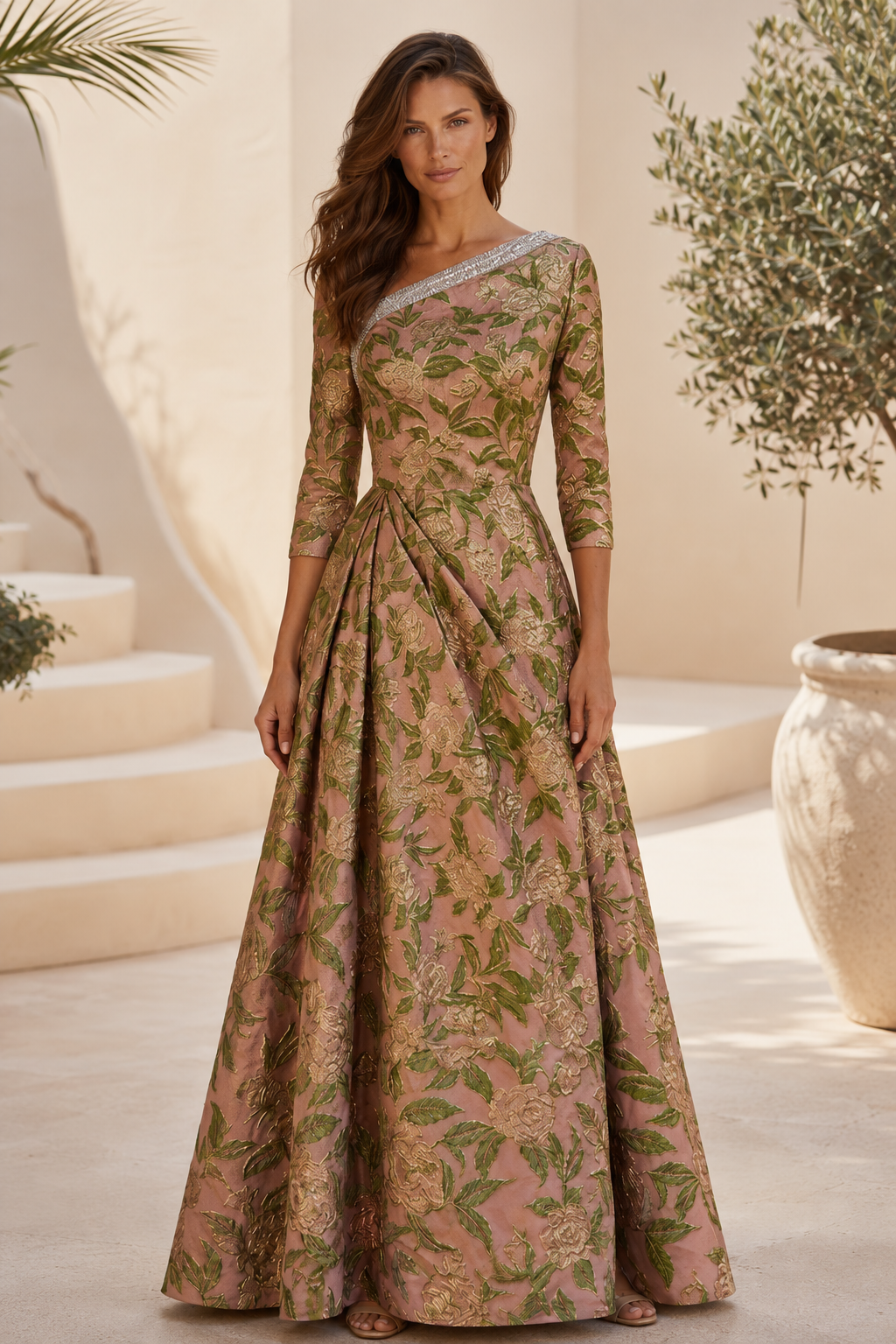 Vestido acampanado de jacquard floral con mangas tres cuartos