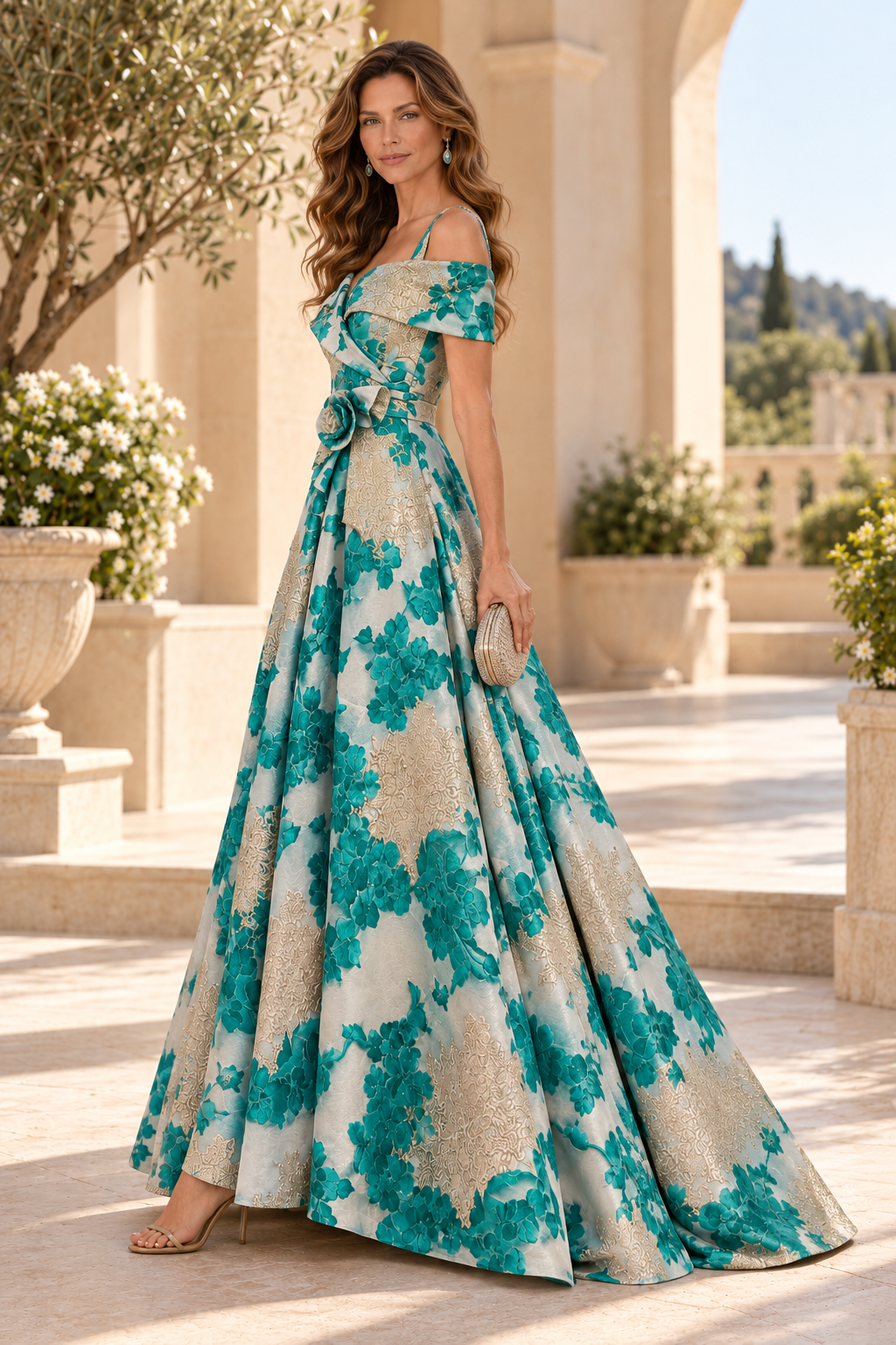 Cold-Shoulder Jacquard Ball Gown with Floral Applique