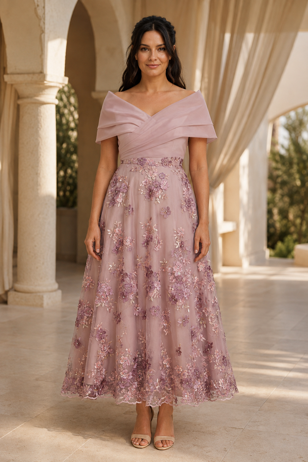 Vestido floral bordado a media pierna con hombros descubiertos