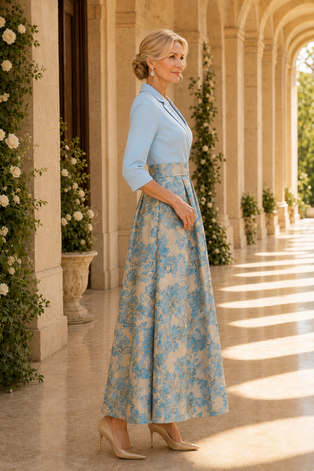 Vestido largo jacquard floral con cuello y corpiño cruzado