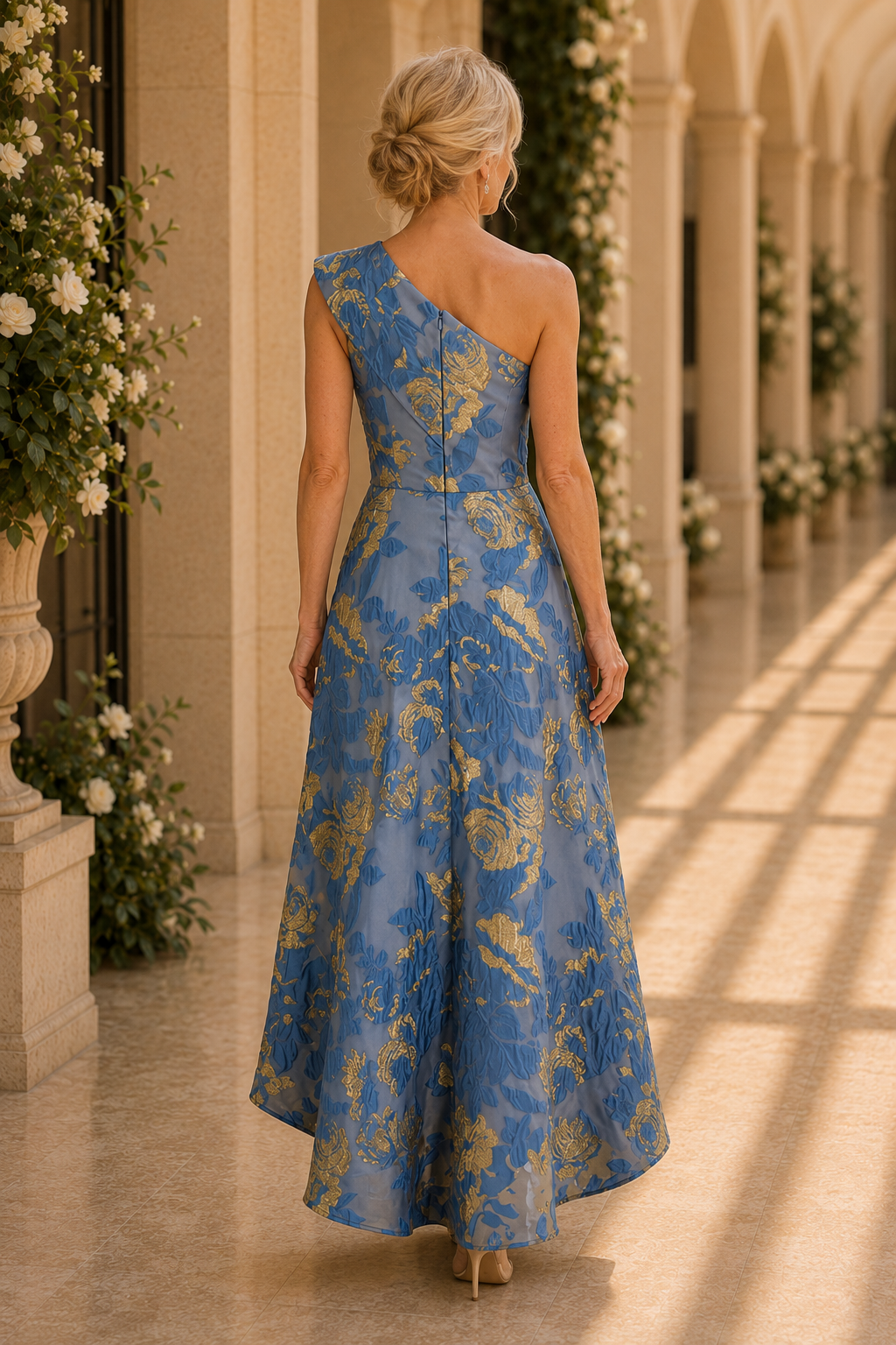 Vestido largo de jacquard floral asimétrico de un solo hombro