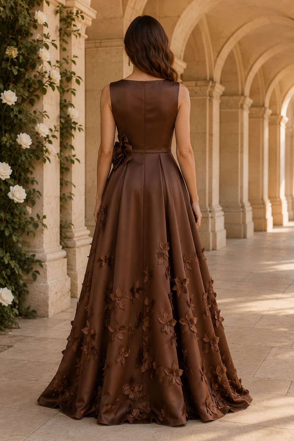 Vestido sin mangas con corte en A y apliques florales 3D