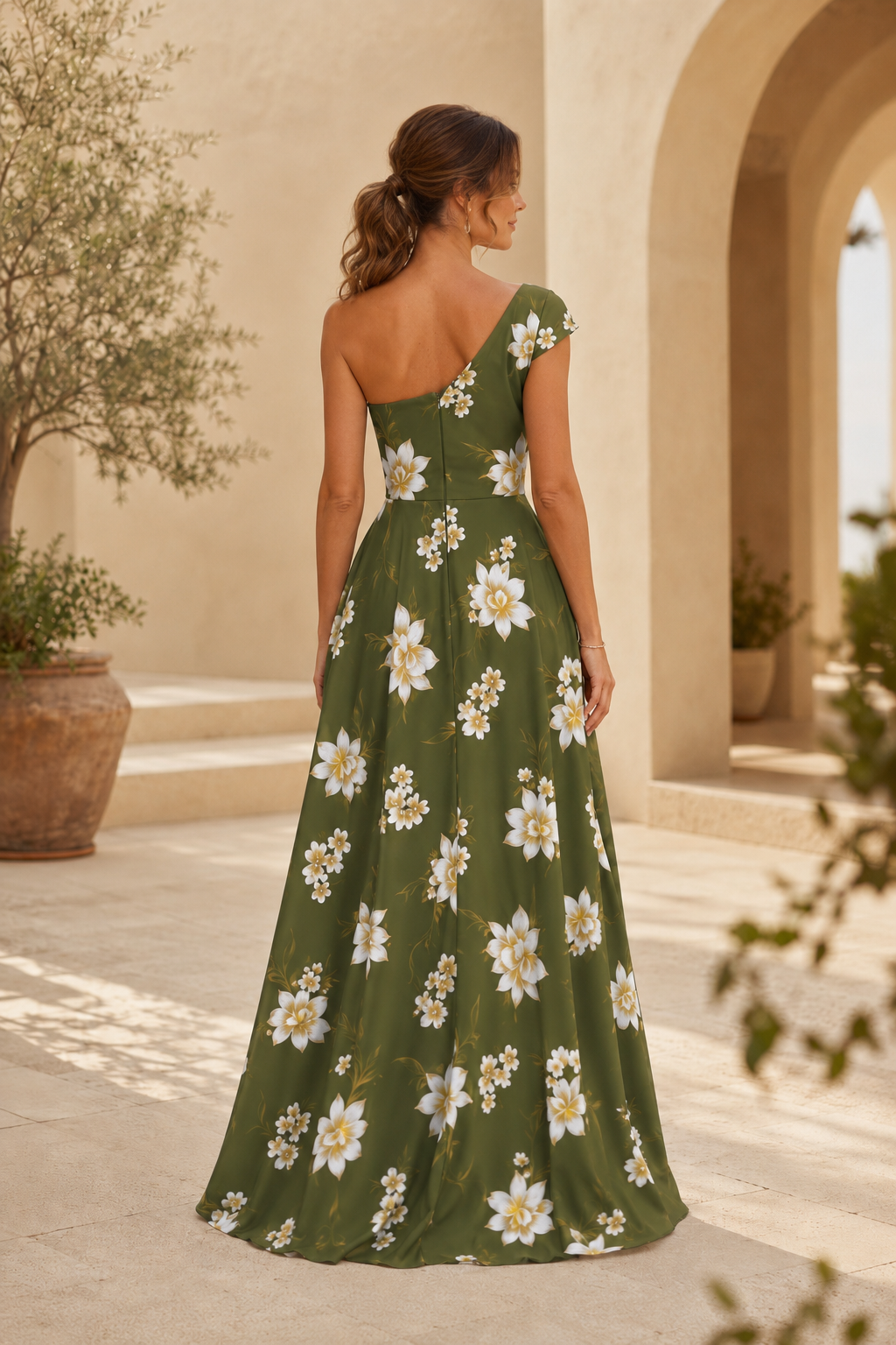 Maxivestido asimétrico con estampado floral y un hombro