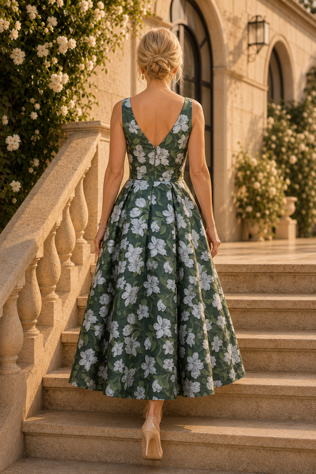 Vestido acampanado floral con escote en V pronunciado y lazo decorativo