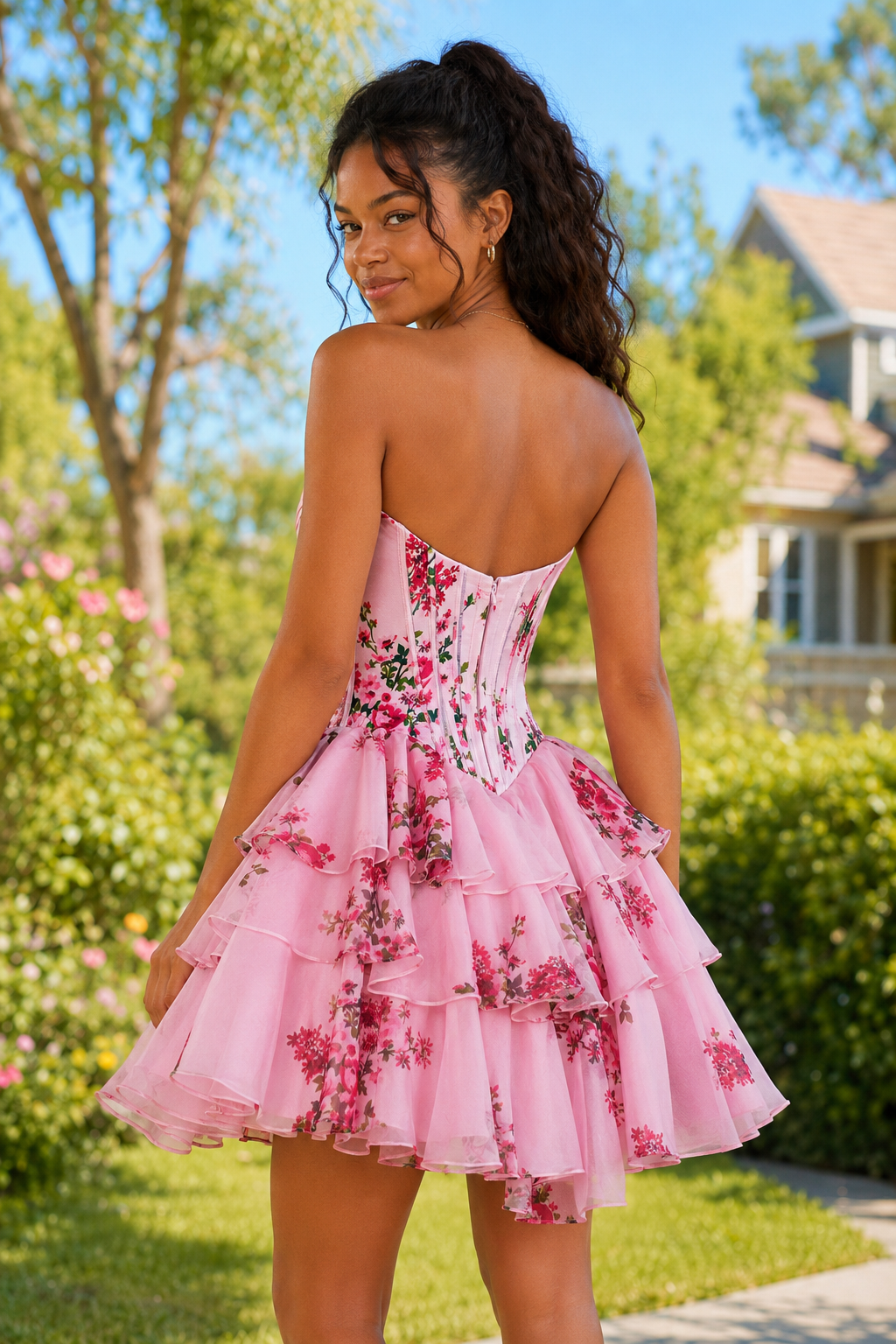 Minivestido Corpiño Escote Corazón con Volantes por Niveles