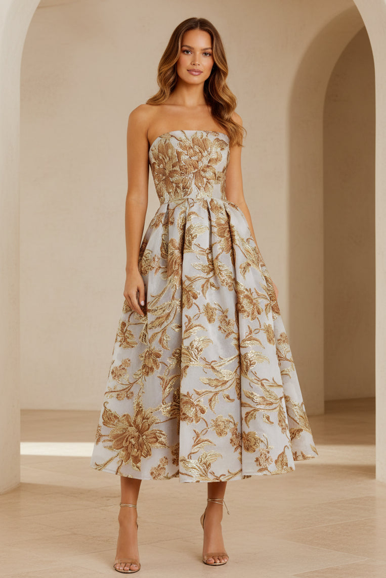 Vestido Midi A-Line sin Tirantes de Jacquard Metalizado