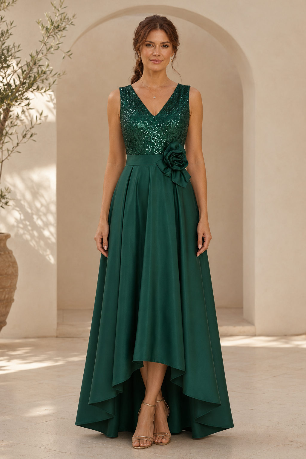 Vestido de noche de satén con corpiño de lentejuelas y corte asimétrico (High-Low)