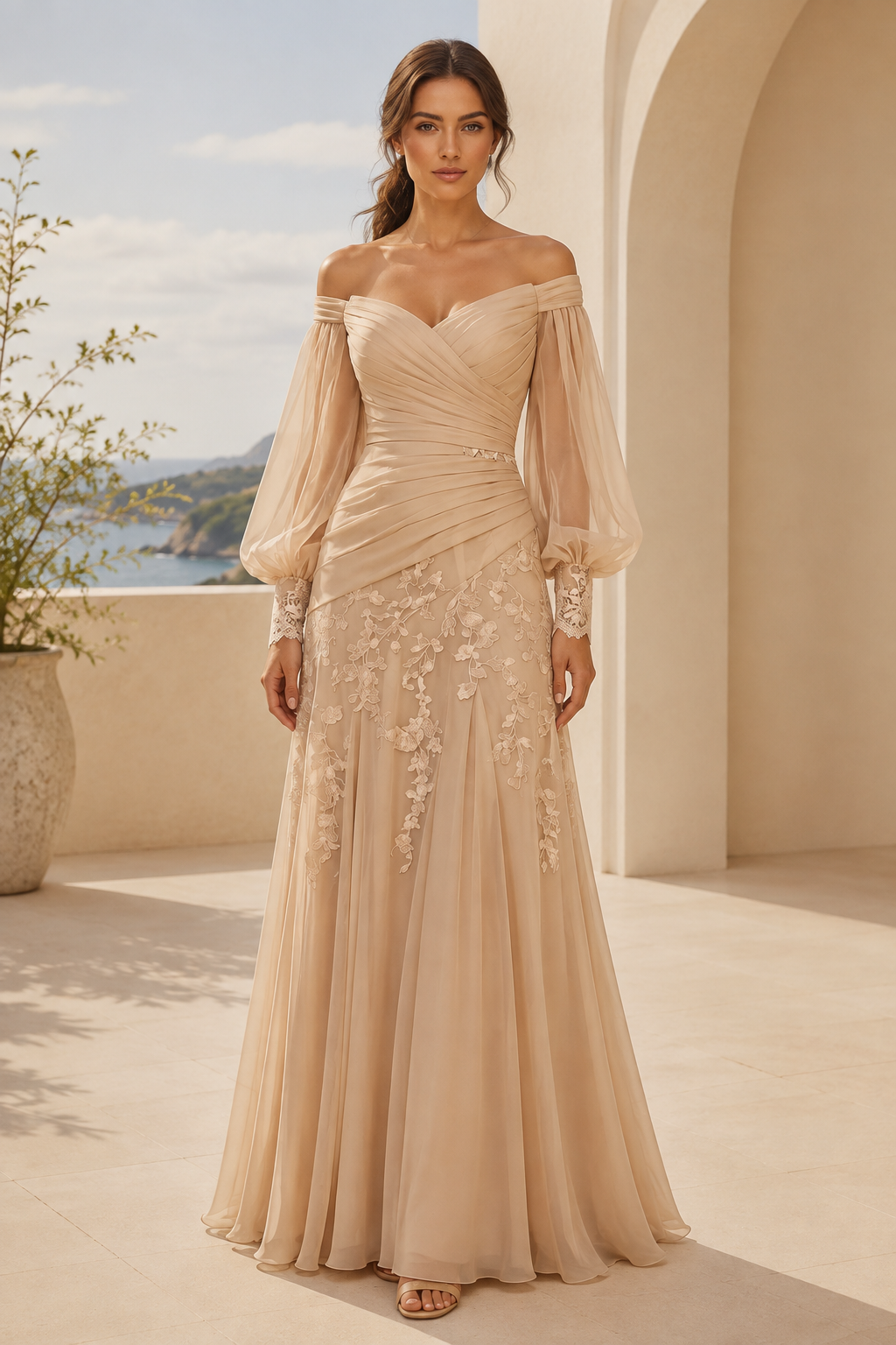 Vestido fruncido con hombros descubiertos y mangas obispo