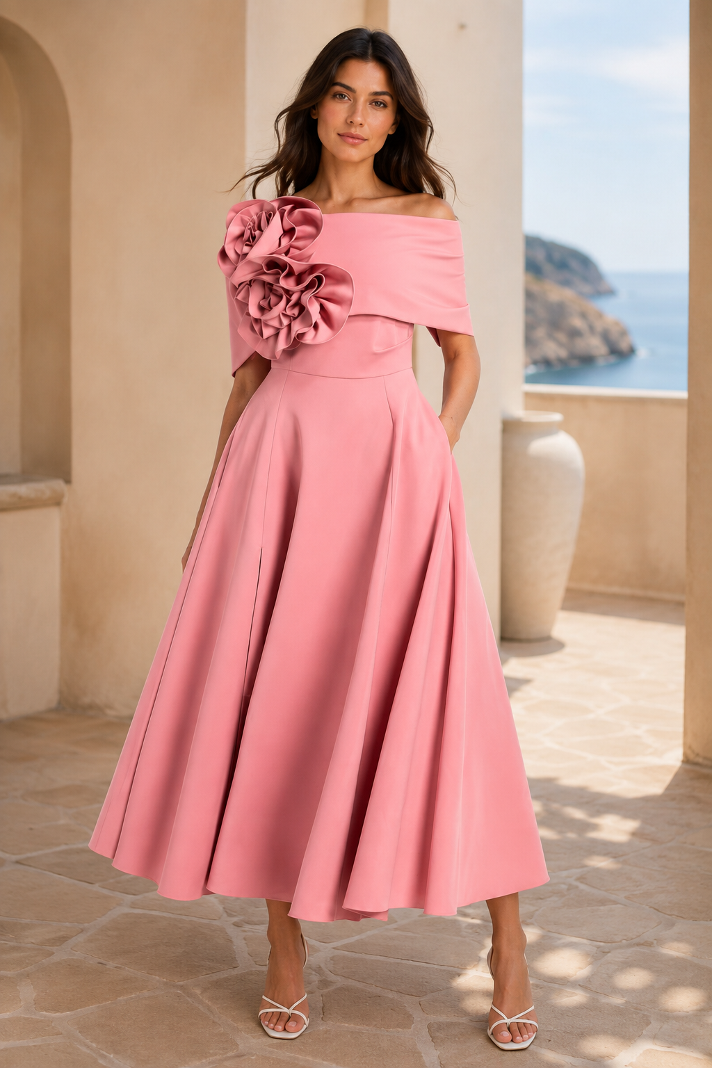 Vestido midi con línea A, hombros descubiertos y aplique floral