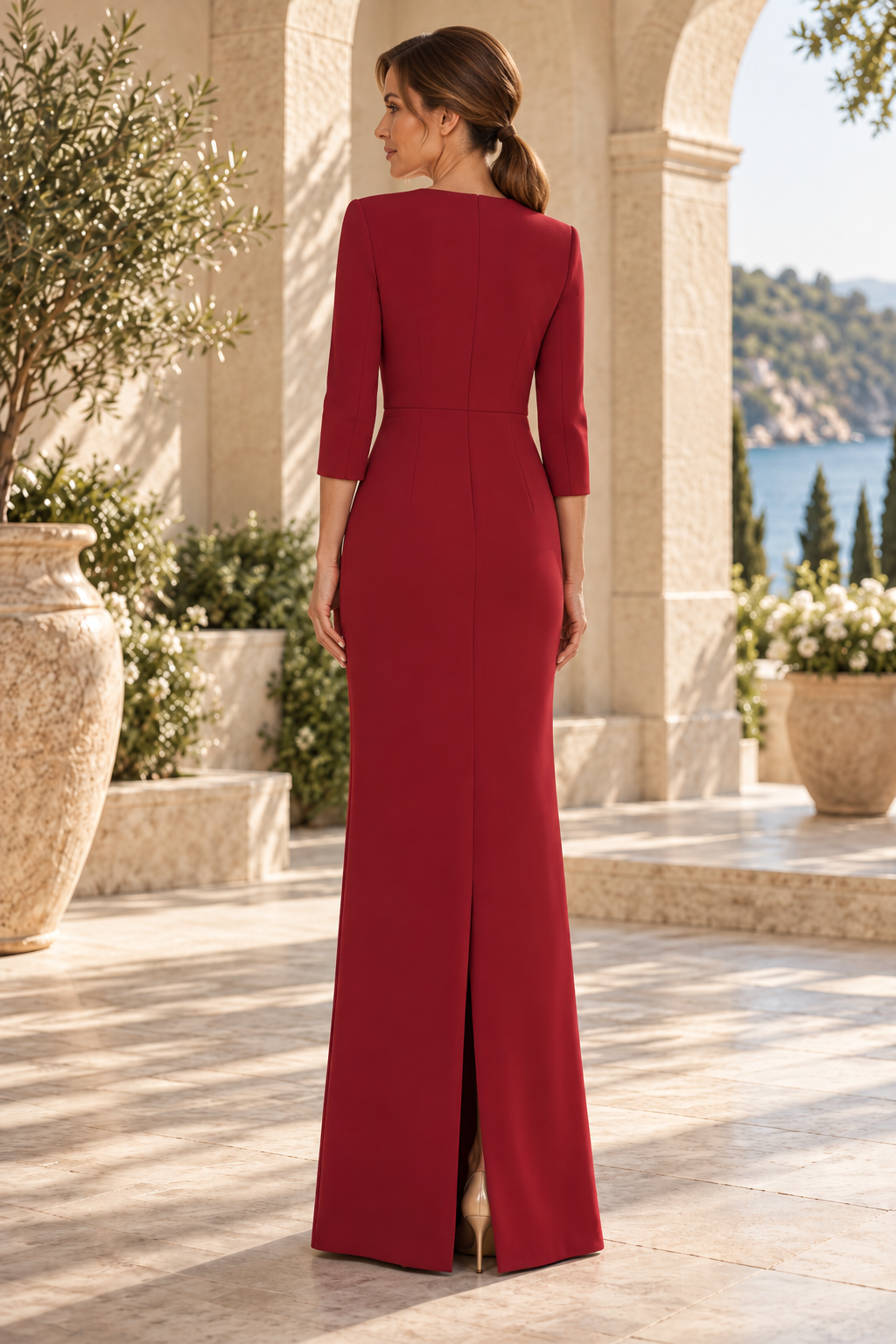 Layered Bodice 3/4 Sleeve Floor-Length Evening Gown