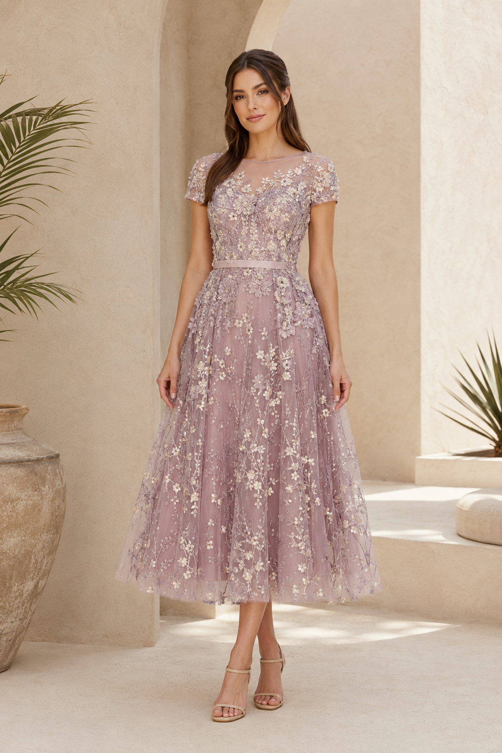 Vestido de línea A a media pierna con bordado floral y escote ilusión