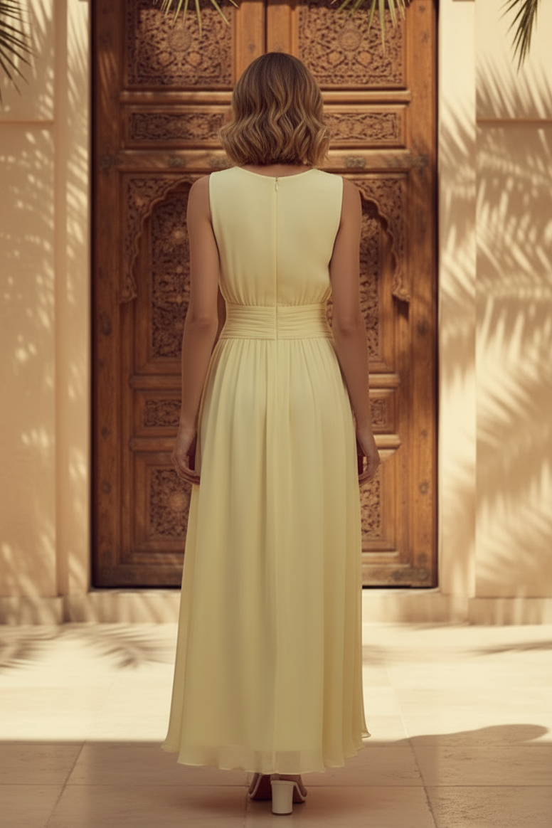 Vestido midi de chifón sin mangas con corte en A