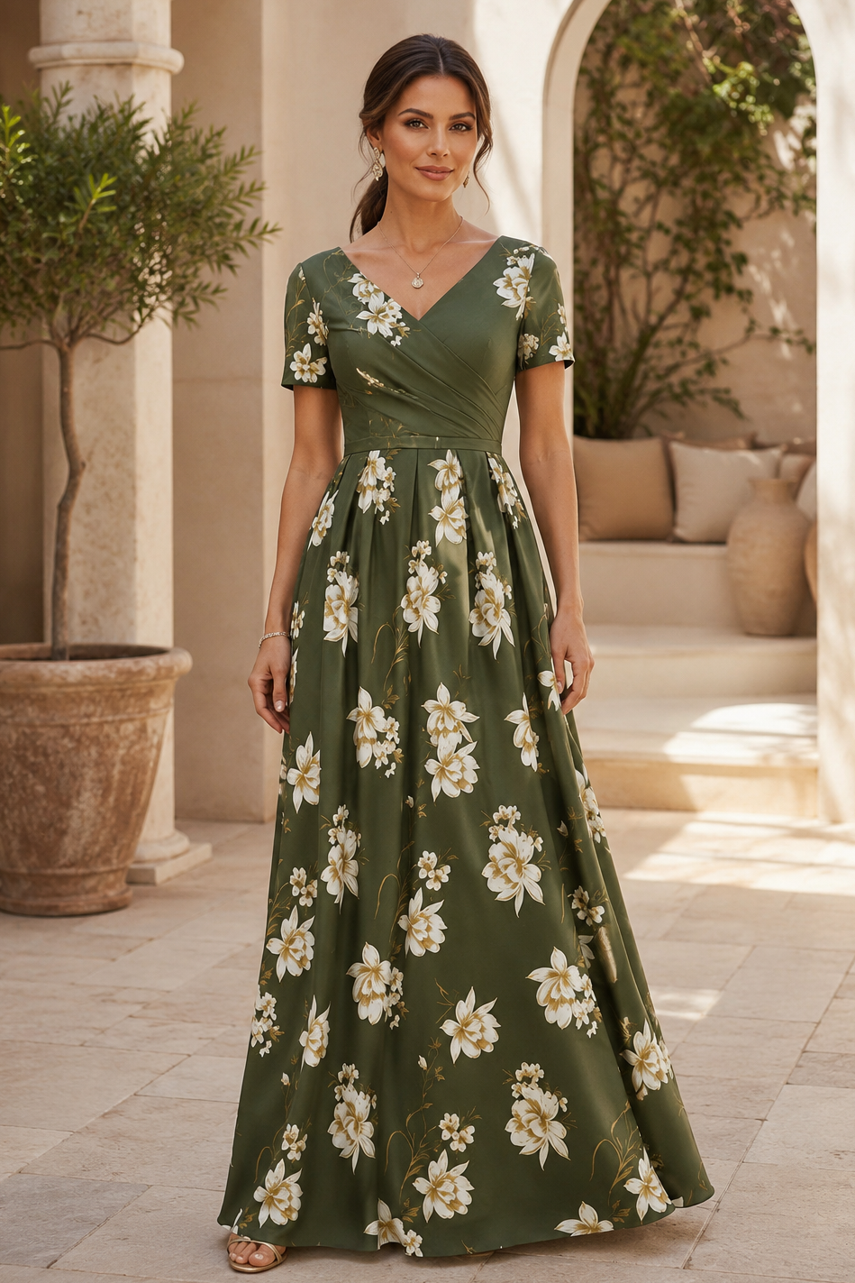 Vestido largo acampanado con estampado floral y cuello en V