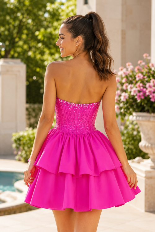Vestido corto sin tirantes con corsé y volantes con lazo