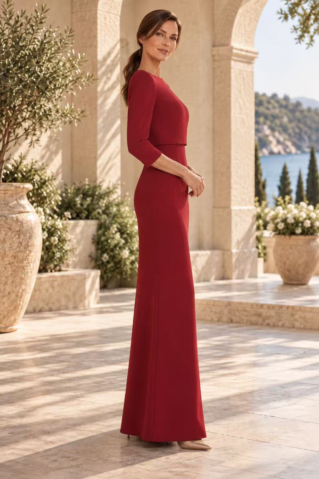Bateau Neck 3/4 Sleeve Column Gown