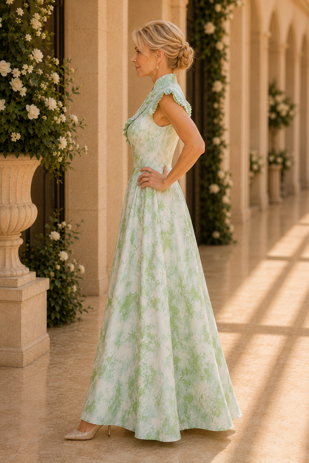 Vestido largo acampanado con cuello plisado y mangas casquillo