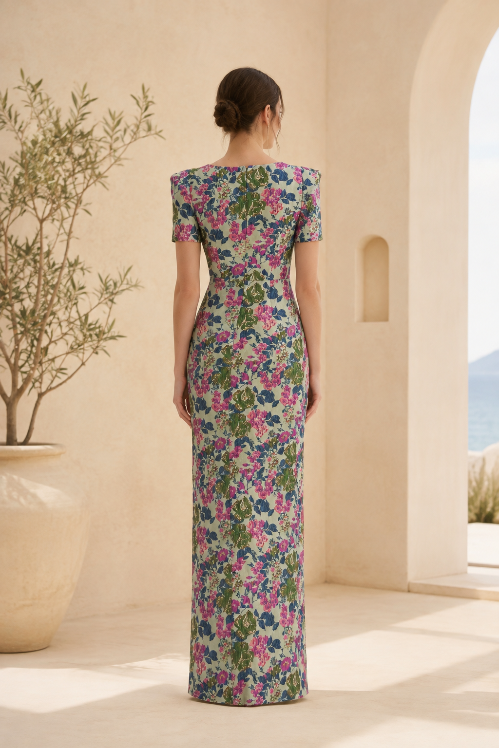 Vestido maxi de jacquard floral con mangas abullonadas y abertura alta