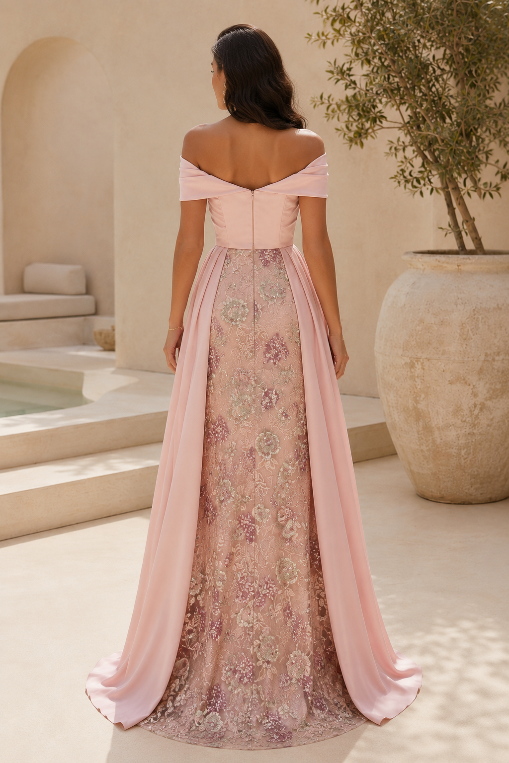 Vestido de Noche Sirena con Lentejuelas Florales Hombros Descubiertos y Sobrefalda