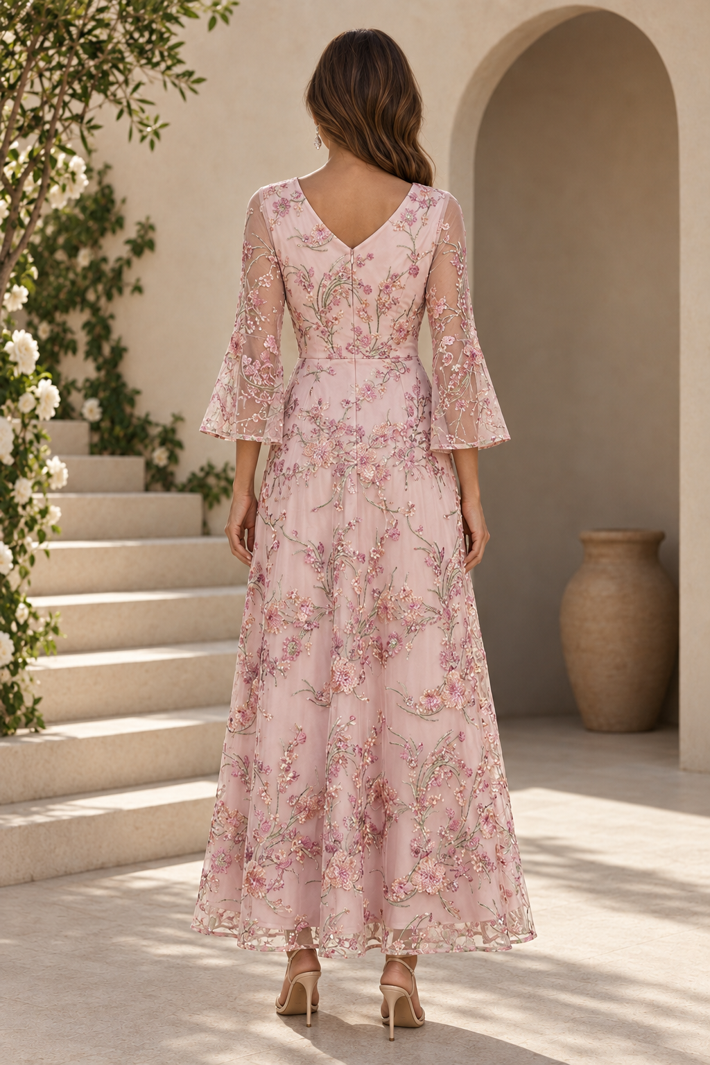 Vestido evasé floral bordado con mangas acampanadas