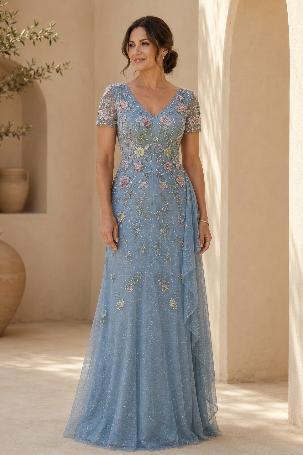 Vestido de noche acampanado bordado con flores en 3D