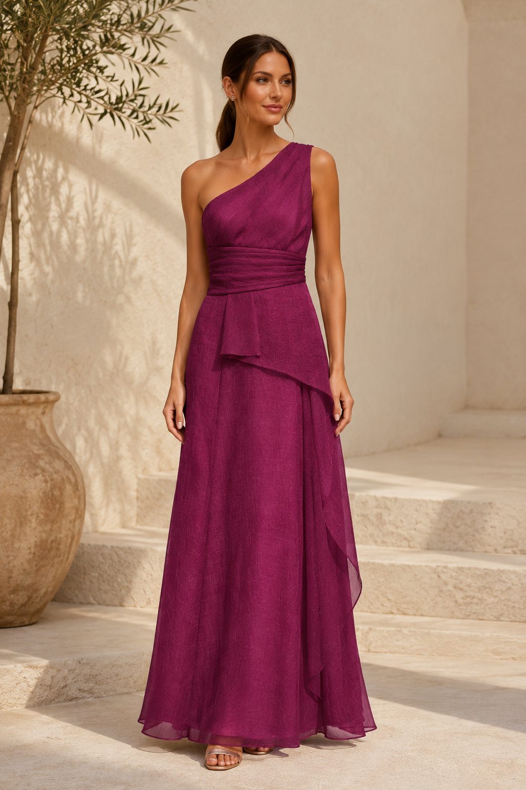 Vestido de noche de chifón con corte en A y un solo hombro