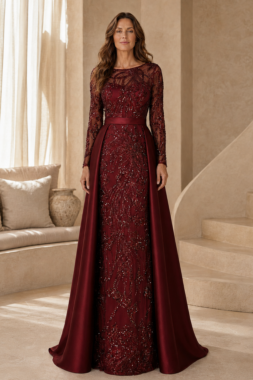 Vestido largo de manga larga con cuentas y sobrefalda de satén