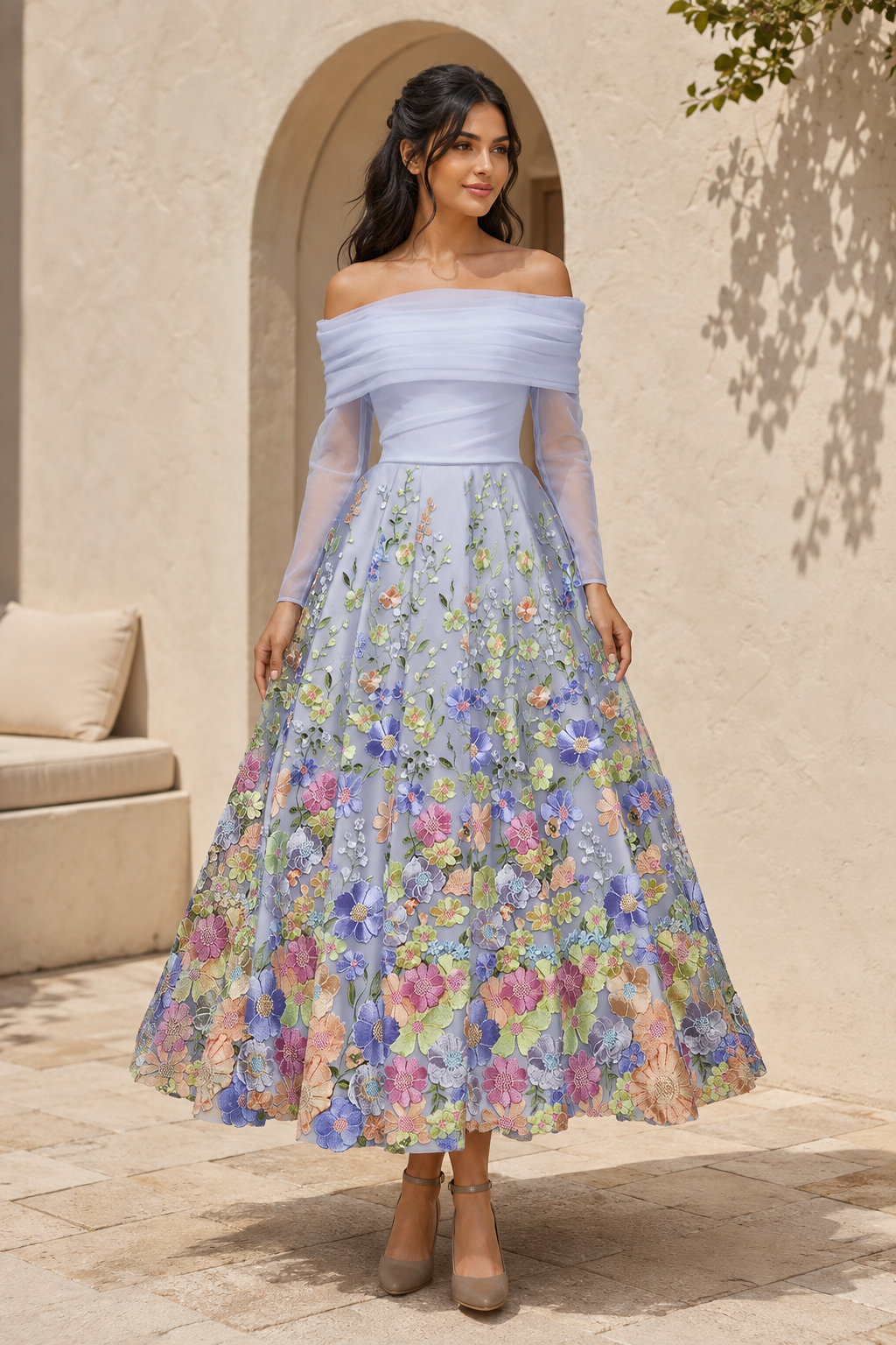 Vestido midi de manga larga con hombros descubiertos y detalles florales 3D
