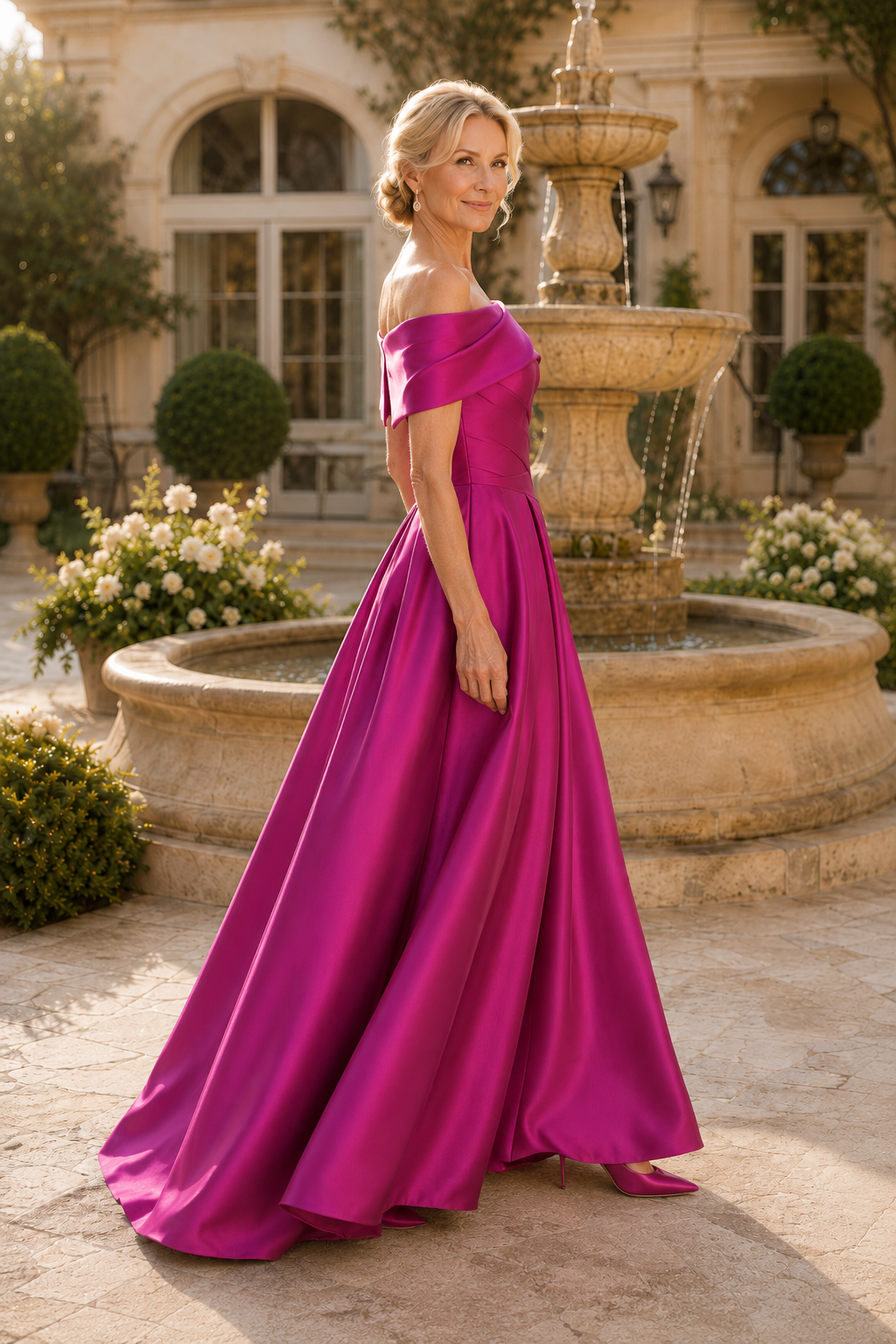 Vestido de satén plisado con hombros descubiertos y corte en A