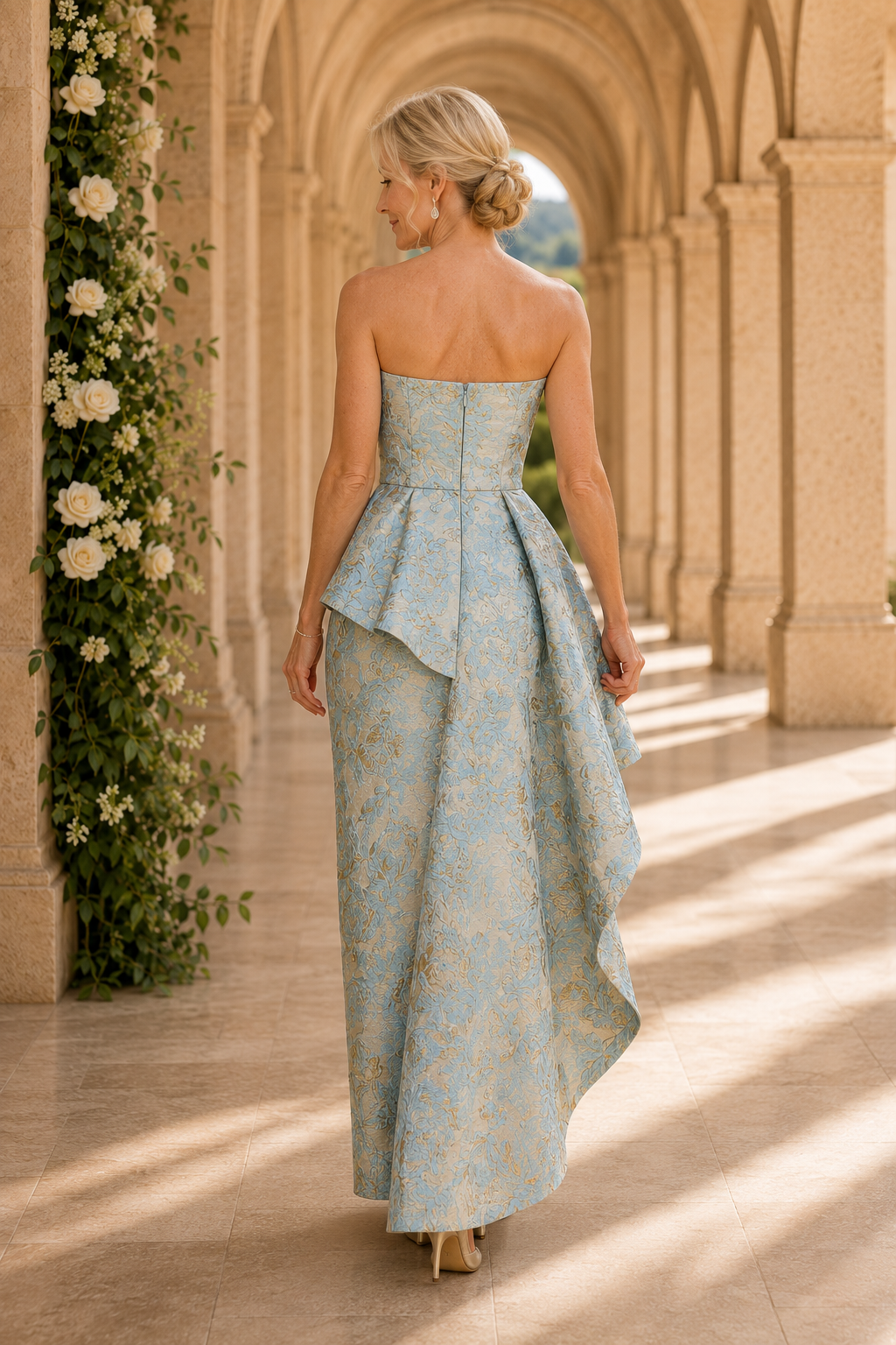 Vestido Columna Jacquard sin Tirantes con Volante en Cascada