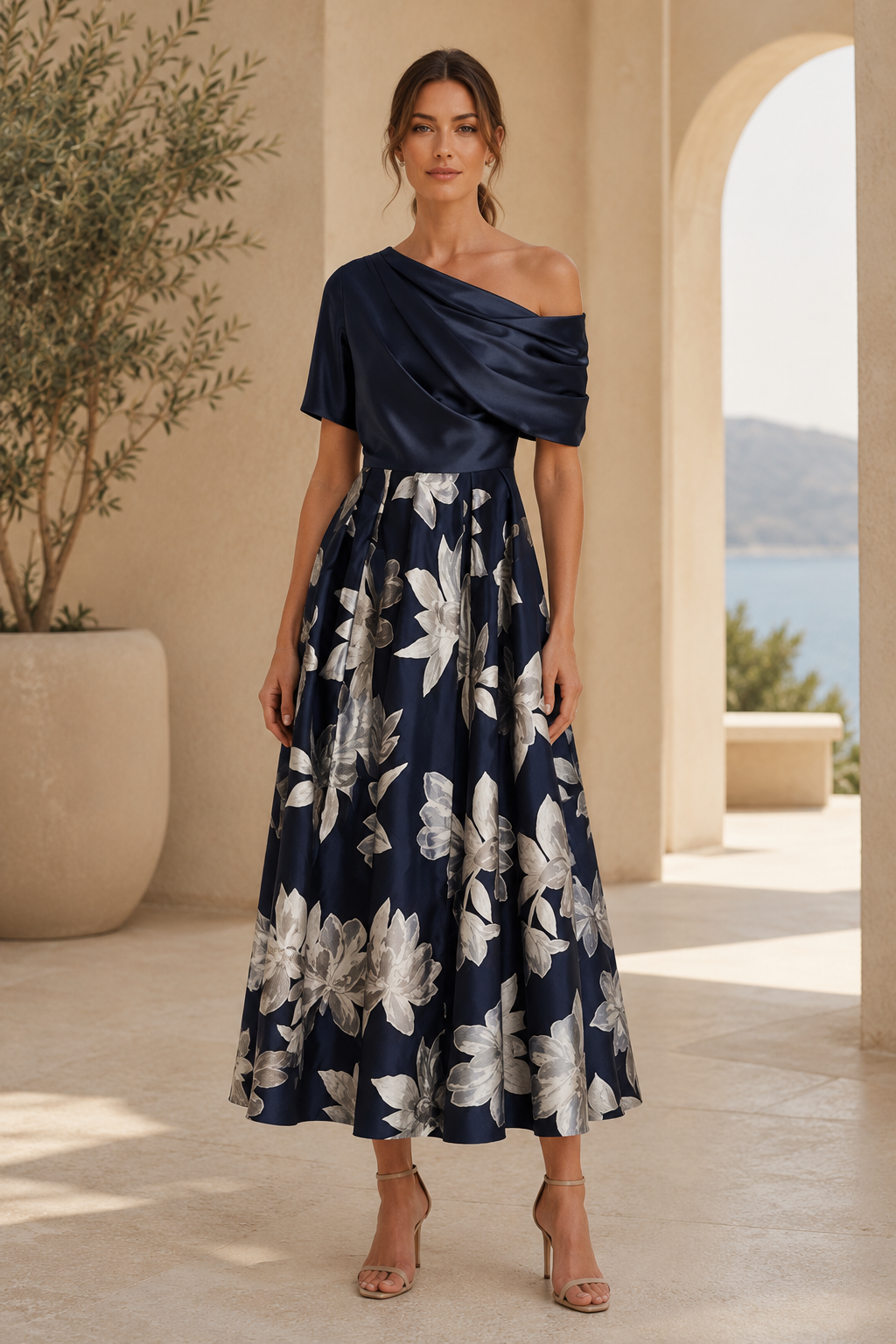 Vestido midi de jacquard floral con un solo hombro