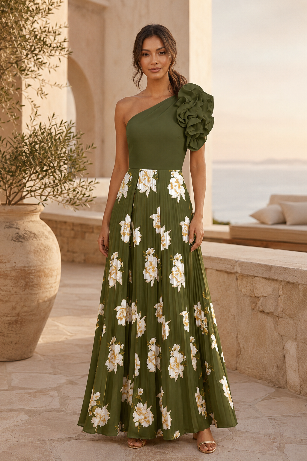 Vestido largo plisado con estampado floral, un hombro y volantes