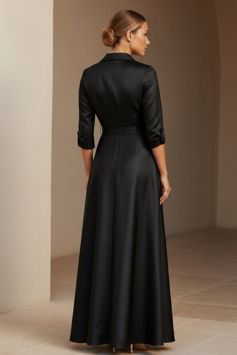 Vestido camisero maxi de tafetán con corte en A y fajín