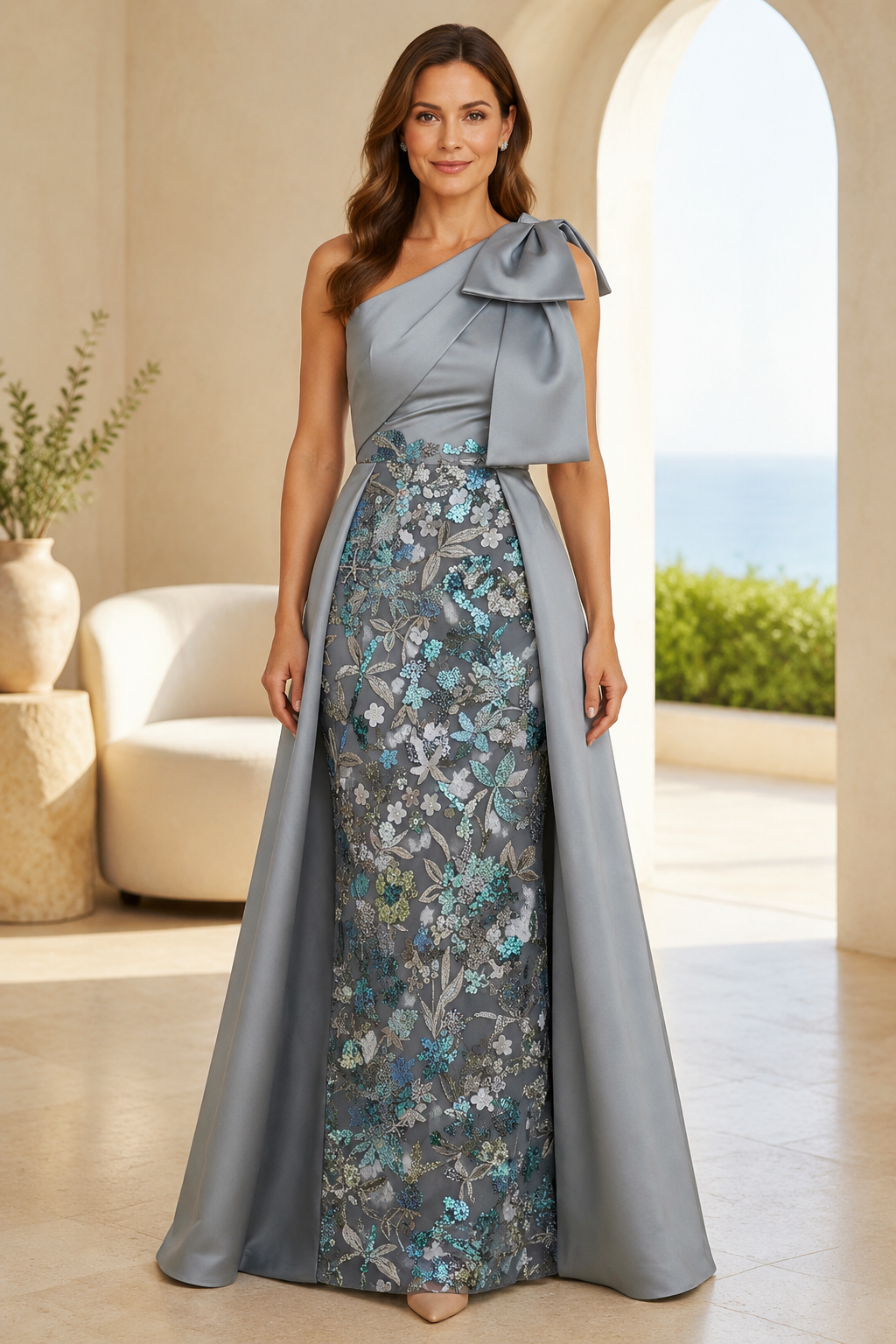 Vestido largo de jacquard floral de un solo hombro con detalle de lazo