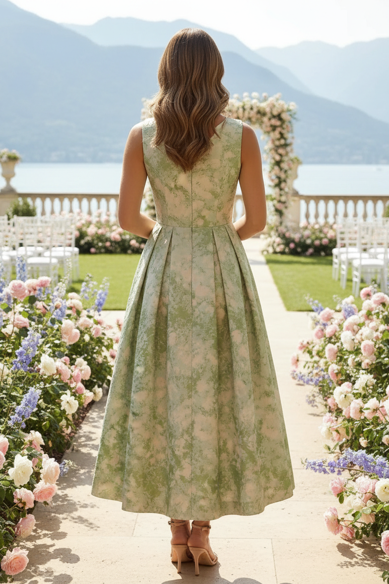 Vestido midi jacquard floral con cuello en V