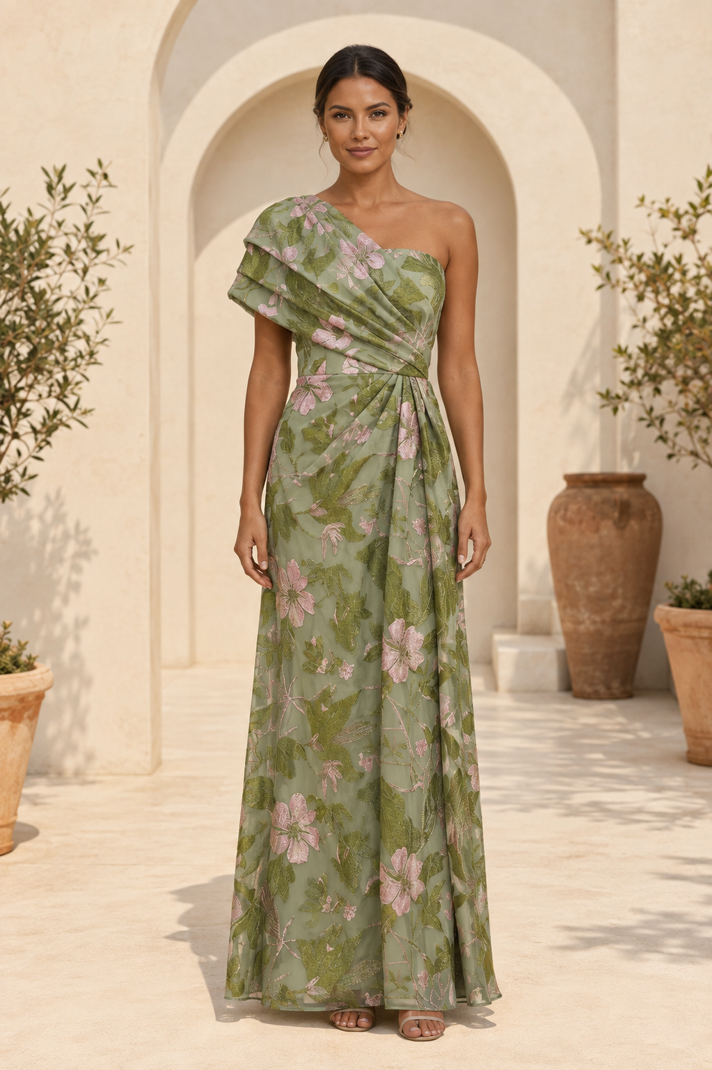 Vestido de Noche Estampado Floral con Hombro Descubierto y Drapeado Plisado