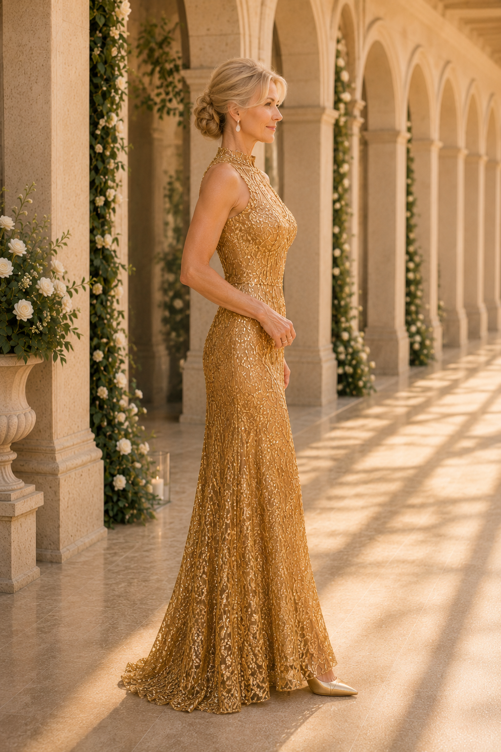 Vestido de Noche con Cuello Alto y Lentejuelas