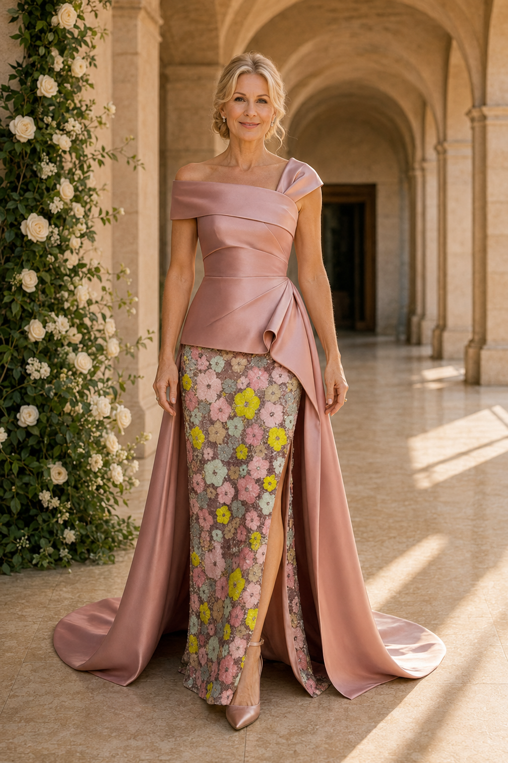 Vestido de noche de satén asimétrico con falda floral