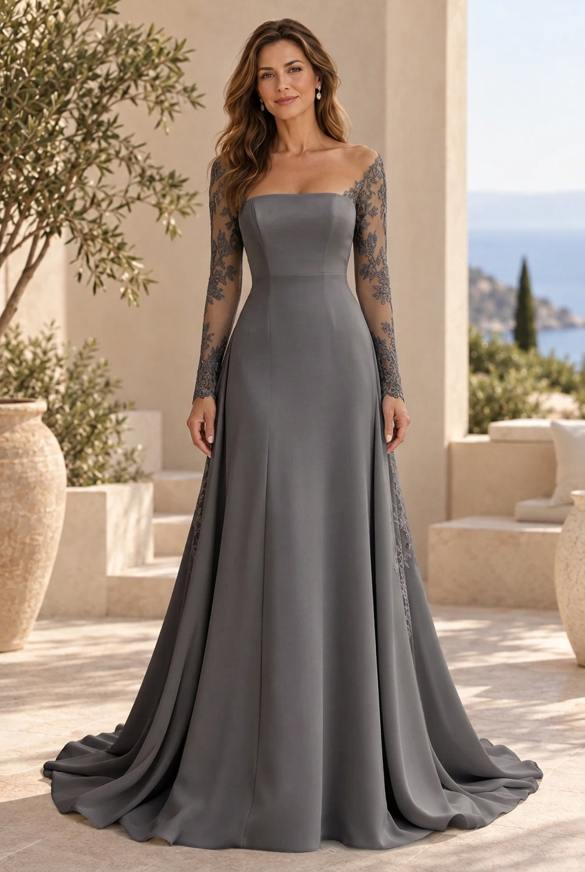 Illusion Long Sleeve A-Line Gown with Lace Insets