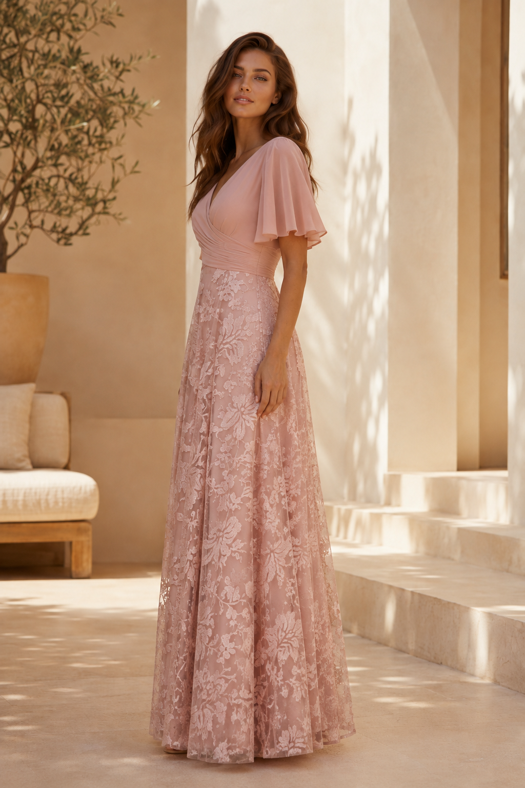 Vestido maxi de encaje con mangas de volantes y corpiño plisado