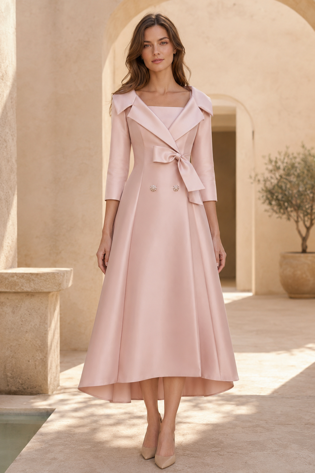 Vestido-abrigo evasé con cuello solapa y lazo