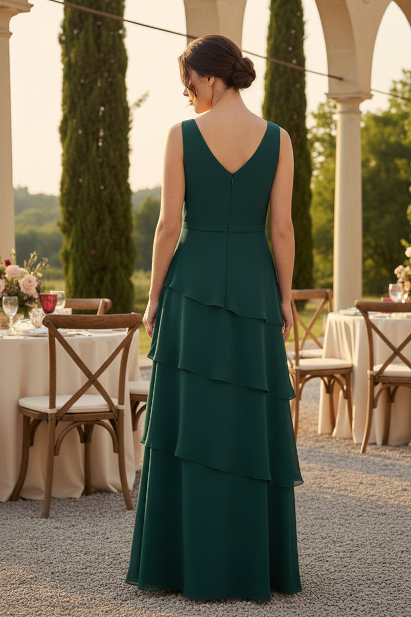 Elegante vestido de gasa escalonado con cuello en V y chaqueta