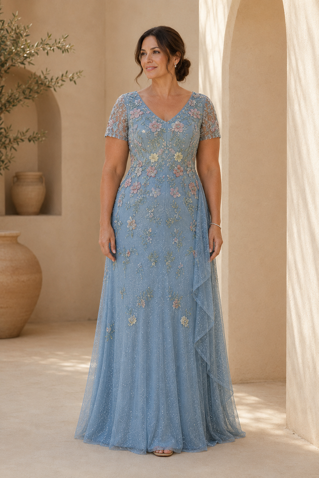 Vestido de noche acampanado bordado con flores en 3D