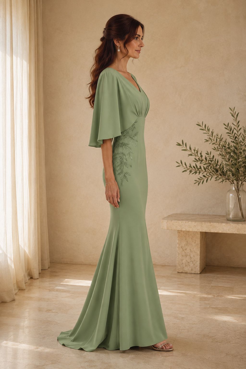 Vestido de noche sirena con mangas mariposa y bordado de enredadera