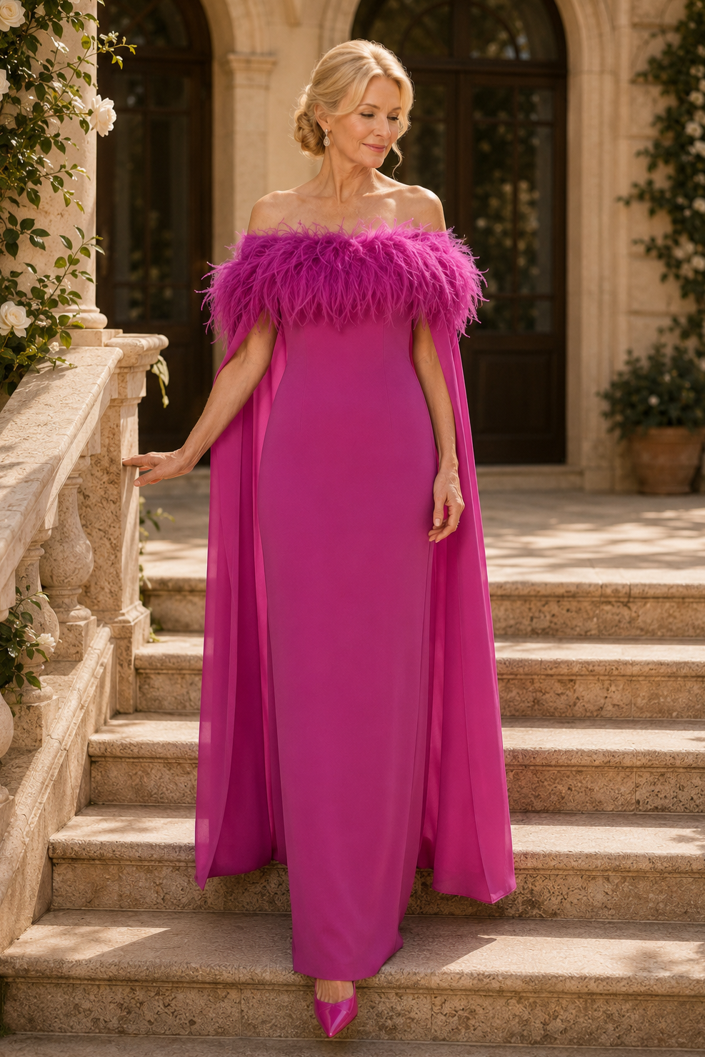 Vestido columna de plumas con hombros descubiertos y capa