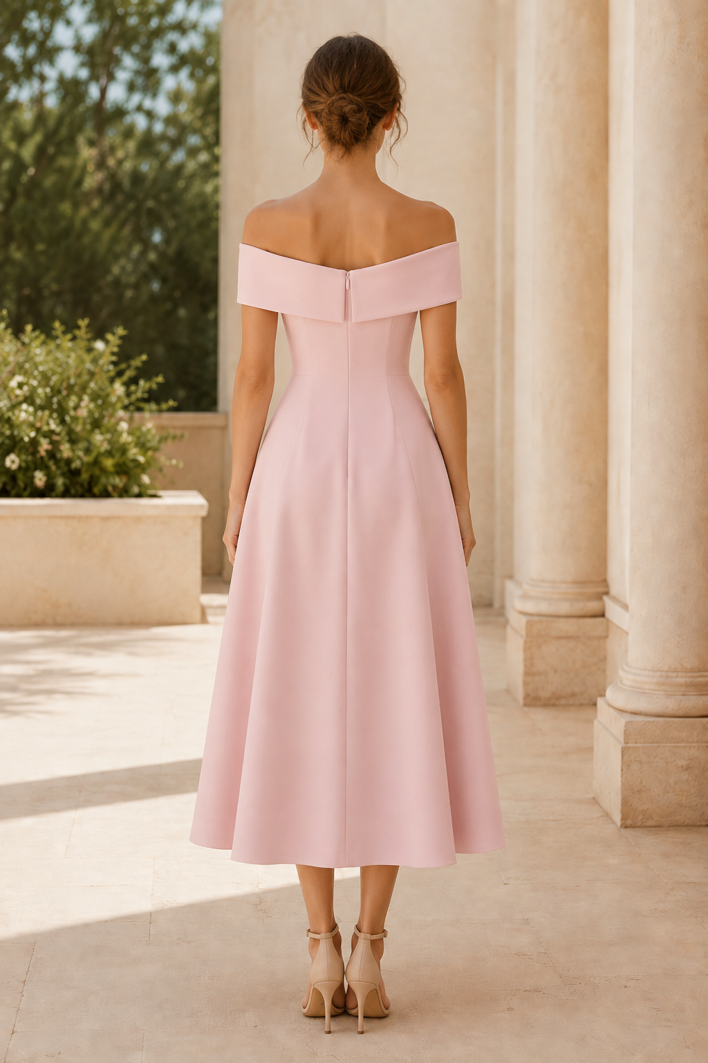 Vestido midi evasé con apliques florales y hombros descubiertos