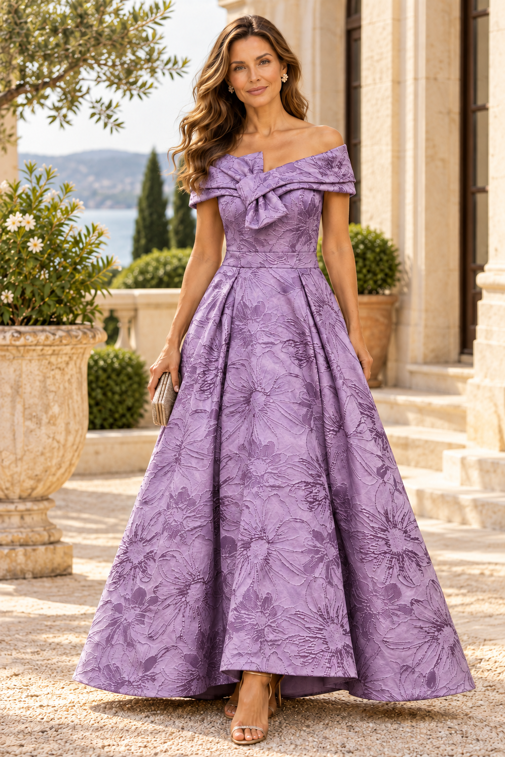 Off-the-Shoulder Jacquard Ball Gown with Bow